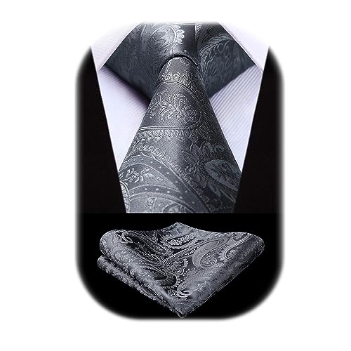 HISDERN Herren Hochzeit Grau Krawatten und Einstecktuch Klassisch Paisley Krawattensatz fur Manner von HISDERN