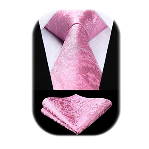 HISDERN Krawatten für Herren Paisley Rosa Krawatte mit Einstecktuch Set Hochzeit Klassisch Schlips Seidenkrawatte Einfarbig von HISDERN