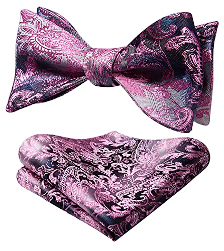 HISDERN Fliege Herren Pink/Grau klassische Paisley Fliege mit Einstecktuch Verstellbare Selbst Herrenfliegen für Bräutigam Hochzeit Party Fasching von HISDERN