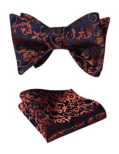 HISDERN Fliege Herren Orange/Marineblau Klassische Paisley Fliege mit Einstecktuch Verstellbare Selbst Herrenfliegen für Bräutigam Hochzeit Party von HISDERN