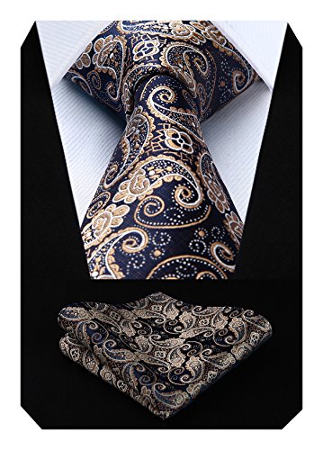 HISDERN Herren Krawatte Blumen Paisley Krawatte & Einstecktuch Set Gold Marineblau von HISDERN