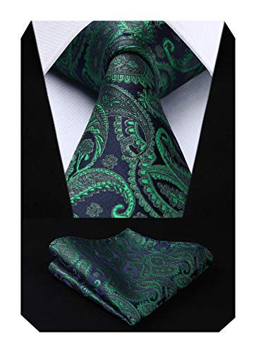 HISDERN Herren Krawatte Taschentuch Paisley Blumen Hochzeit Krawatte & Einstecktuch Set Grün und Marineblau von HISDERN