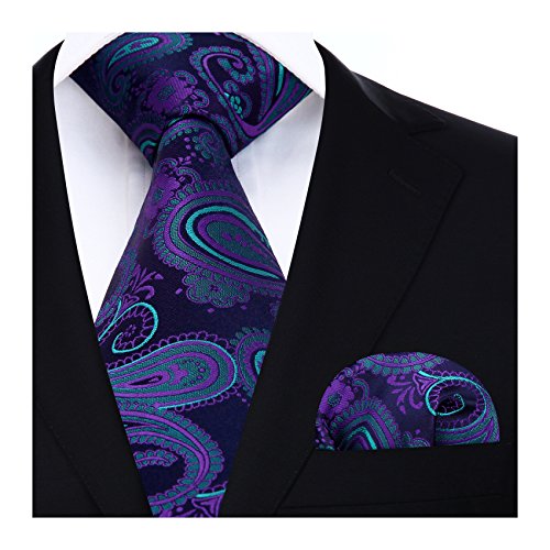 HISDERN Herren Krawatte Blumen Paisley Krawatte & Einstecktuch Set Marineblau Grun Lila von HISDERN