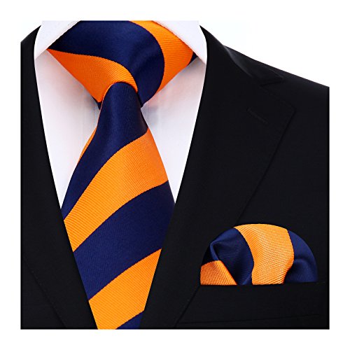 HISDERN Herren Krawatte Gestreifte Hochzeit Krawatte & Einstecktuch Set Marineblau und Orange von HISDERN