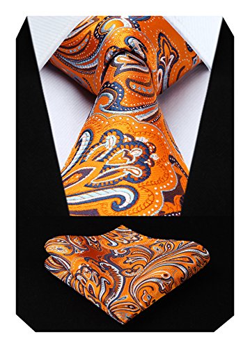 HISDERN Herren Krawatte Blumen Paisley Krawatte & Einstecktuch Set Orange Weip von HISDERN