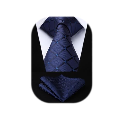 HISDERN Herren Krawatte Marineblau Formelle Klassische Karierte Krawatten mit Einstecktuch Hochzeit Herrenkrawatte und Taschentuch Set für Männer von HISDERN