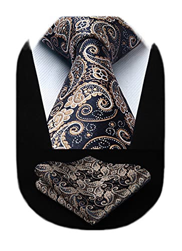 HISDERN Herren Krawatte Extra Lange Paisley Krawatten und Einstecktuch Set Elegante Hochzeit Seidenkrawatte Taschentuch für Männer Gold & Marine von HISDERN