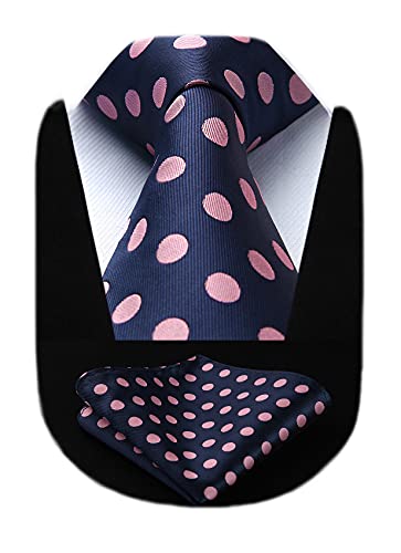 HISDERN Extra Long Polka Dots Tie Handkerchief Men's Necktie & Pocket Square Set, XL, 63 inches length, Pink/Navy Blue von HISDERN