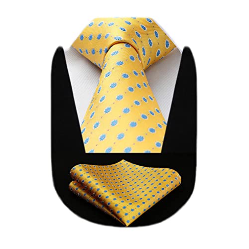 HISDERN Extra Long Floral Dots Tie Handkerchief Men's Necktie & Pocket Square Set, XL, 63 inches length, Yellow/Blue von HISDERN