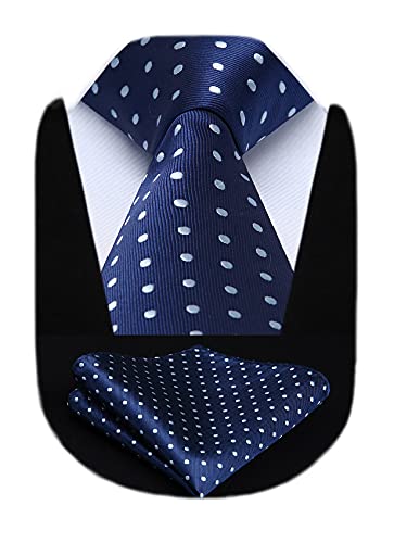 HISDERN Men's Blue Dot Wedding Tie & Pocket Square Extra Long Necktie and Handkerchief Set for Men Classic Fashion Business Navy Blue von HISDERN