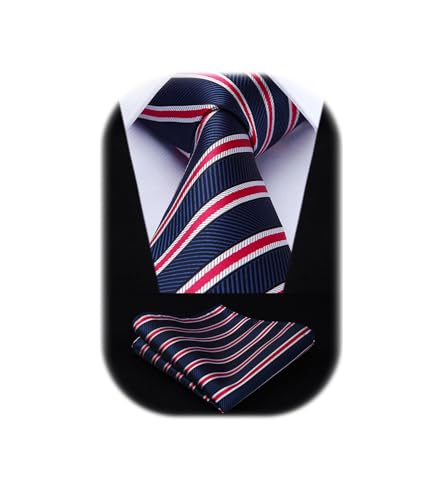 HISDERN Mens Navy Blue and Red Striped Tie Extra Long Wedding Tie & Pocket Square Formal Necktie and Handkerchief Set for Business Party von HISDERN