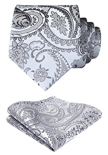 HISDERN Herren Krawatte Paisley Blumen Hochzeit Krawatte & Einstecktuch Set Grau-wei? von HISDERN