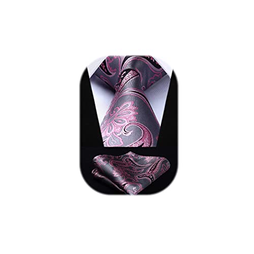 HISDERN Krawatte Herren Rosa mit Einstecktuch Set Extra Lange Paisley Krawatten und Taschentuch Elegante Hochzeit Seidenkrawatte für Männer von HISDERN