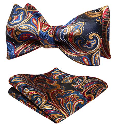 HISDERN Fliege Herren Set Blau/Orange/Rot Fliegen mit Einstecktuch Paisley Verstellbar Selbst Fliege für Bräutigam Hochzeit Party Fasching von HISDERN