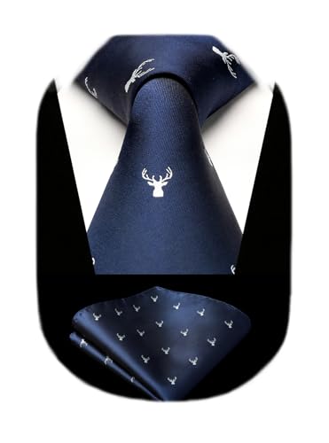 HISDERN Herren Marineblau Krawatte und Einstecktuch Hochzeit Elch Krawatten Taschentuch Set von HISDERN
