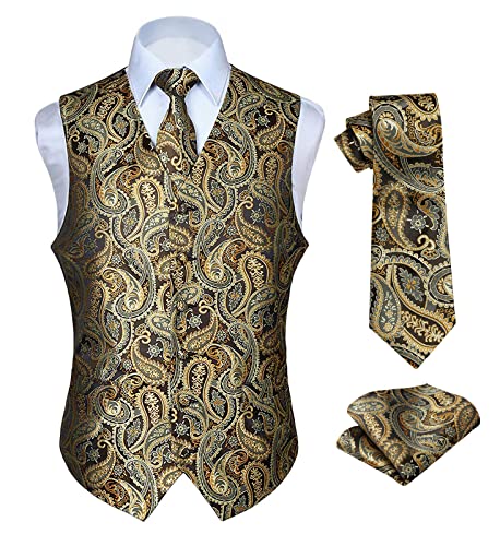 HISDERN Goldweste Paisley Herren Blumen Hochzeit Schwarzes GoldWeste Krawatte Einstecktuch Taschentuch Jacquard Abschlussball Weste Anzug Set von HISDERN