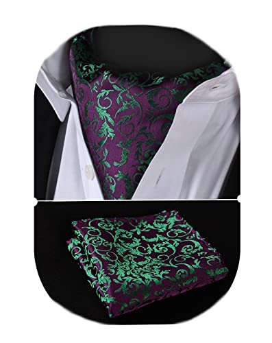 HISDERN Krawattenschal Herren Paisley Halstuch Ascot-Krawatte Seide Ascot Krawatte und Einstecktuch Set für Elegant Hochzeit Party,Lila & Grun,Einheitsgröße von HISDERN