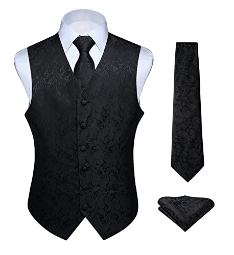 Hisdern Manner Paisley Floral Jacquard Weste & Krawatte und Einstecktuch Weste Anzug Set, Black-2, Gr.-S (Brust 41 Zoll) von HISDERN