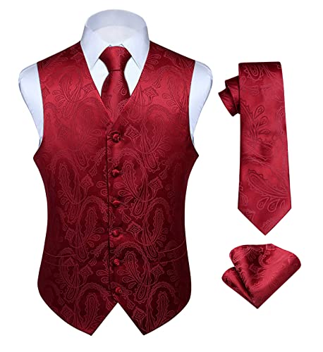 HISDERN Herren FLoral Hochzeit Weste Krawatte Einstecktuch Taschentuch Jacquard Weste Anzug Set von HISDERN