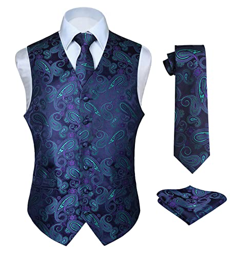 HISDERN Herren FLoral Hochzeit Weste Krawatte Einstecktuch Taschentuch Jacquard Weste Anzug Set von HISDERN