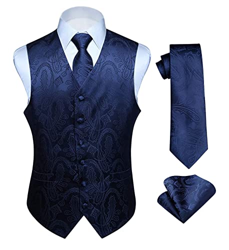 Hisdern Manner Paisley Floral Jacquard Weste & Krawatte und Einstecktuch Weste Anzug Set, Navy Blau, Gr.-4XL (Brust 57 Zoll) von HISDERN