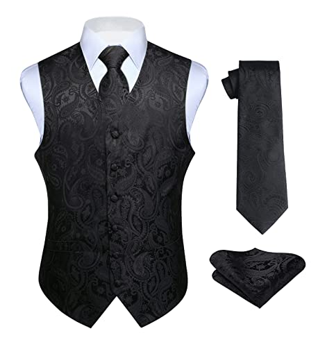 HISDERN anzugweste schwarz herren Blumen Hochzeit Weste Krawatte Einstecktuch Taschentuch Jacquard Weste Anzug Set von HISDERN