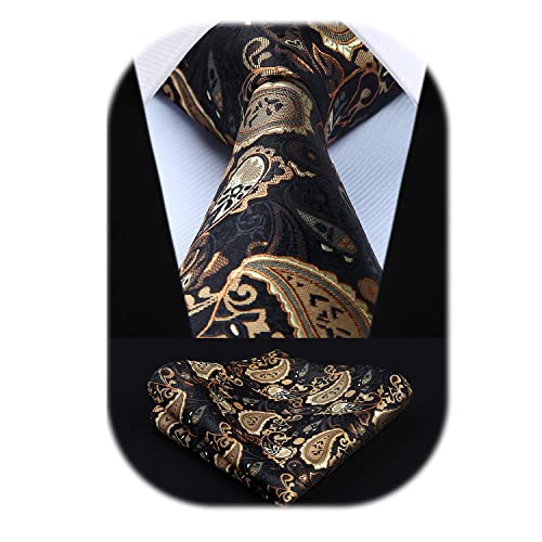 HISDERN Herren Krawatte Blumen Paisley Krawatte & Einstecktuch Set Gold Schwarz von HISDERN
