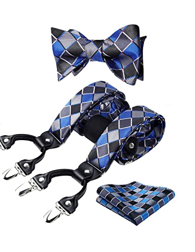 HISDERN Blau Hosenträger und Fliege Set für Herren Einstecktuch Y Style hosenträger Dot Plaid mit 6 Starken Clips Einstellbar für Anzug von HISDERN