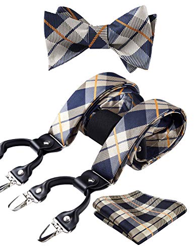 HISDERN Blau Hosenträger und Fliege Set für Herren Einstecktuch Y Style hosenträger Dot Plaid mit 6 Starken Clips Einstellbar für Anzug von HISDERN