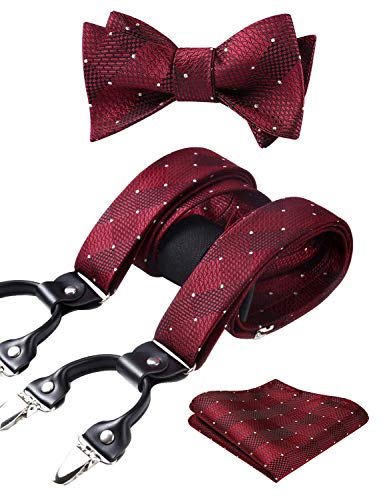 HISDERN rot Hosenträger Herren und Fliege Set für Herren Einstecktuch Y Style hosenträger Dot Plaid mit 6 Starken Clips Einstellbar für Anzug von HISDERN