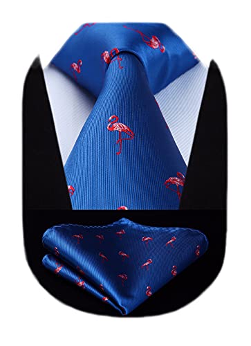 HISDERN Blau Krawatte für Herren Flamingo Hochzeit Taschentuch Business Klassisch Krawatte und Einstecktuch Set von HISDERN