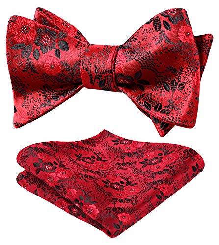 HISDERN Herren Floral Self Fliege und Einstecktuch Set Hochzeitsfeier Zubehör Rot/schwarz von HISDERN