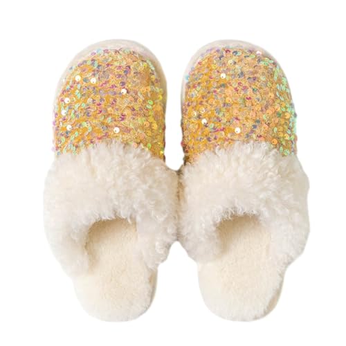 Hiseng Damen Hausschuhe Winter Plüsch Slippers Pantoffeln Frauen Bequeme Glitzernde Pailletten Slippers Warme Flauschige Hausschuhe Indoor, Rutschfeste Leichte Weiche Pantoffeln Zuhause von Hiseng