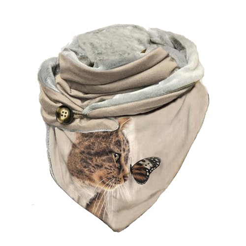Hiseng Damen Schals Groß Dreieck Winter Dreieckstuch, Tier Drucken Warmer Winterschal Herbstschal Lieblingsschal Scarf Soft Wrap Lange Stola, mit Button (Katze) von Hiseng