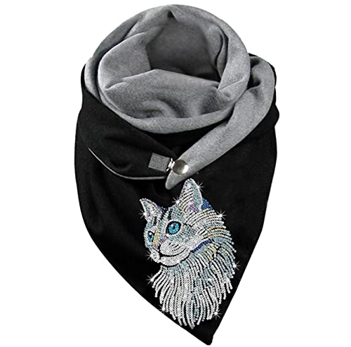 Hiseng Damen Schals Groß Dreieck Winter Dreieckstuch Katze Drucken Warmer Button Knopf Karoschal Winterschal Herbstschal Lieblingsschal Scarf Soft Wrap Lange Stola von Hiseng