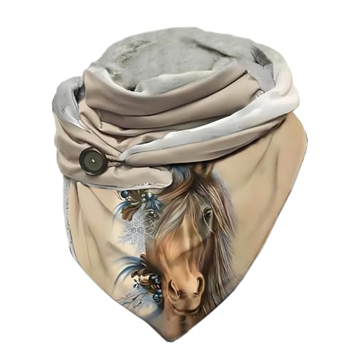 Hiseng Dreieckstuch Damen Schals Groß Dreieck, Tier Pferd Drucken Dreiecksschal Winter Warm Button Knopf Winterschal Lieblingsschal Stola Scarf für Damen Herren von Hiseng