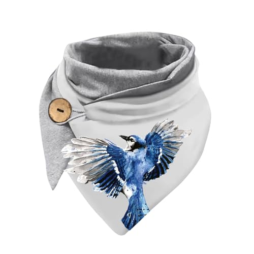 Hiseng Dreieckstuch Damen Winter Blauer Vogel Muster Dreiecksschal, Grau Warmer Damen Schals Knopf Ideal für Vogel Geschenke (150 x 70 cm) von Hiseng