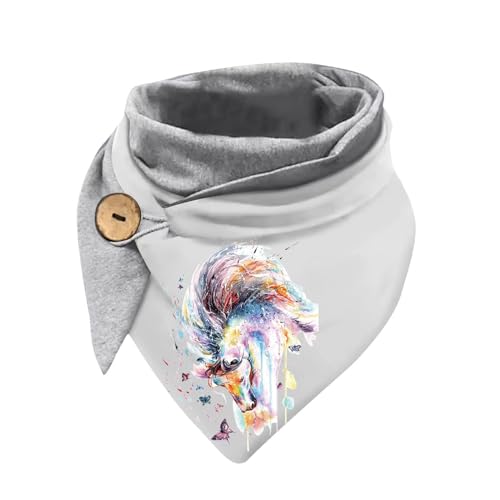 Hiseng Dreieckstuch Damen Winter Pferd Muster Dreiecksschal, Grau Warmer Damen Schals Knopf Ideal für Pferd Geschenke (150 x 70 cm) von Hiseng