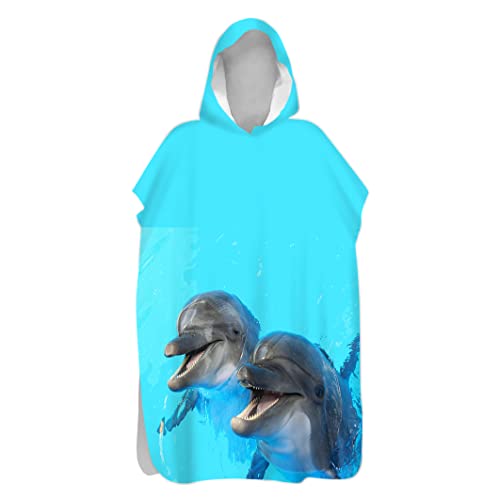 Hiseng Kinder Badeponcho Delfin Motiv Bademantel Erwachsene Badetuch Weich Mikrofaser Schnelltrocknend Surf Poncho Schwimmen Strand Poncho mit Kapuze (Delphin 9,60x110cm) von Hiseng