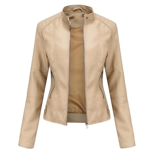 Hiseng Kunstlederjacke, Lederjacke Damen, Jacke Damen Frühling Herbst Sommer, Schlanke Damen Jacke, Biker Jacke, Kurz Lederjacke mit Reißverschluss Tasche XS-4XL von Hiseng