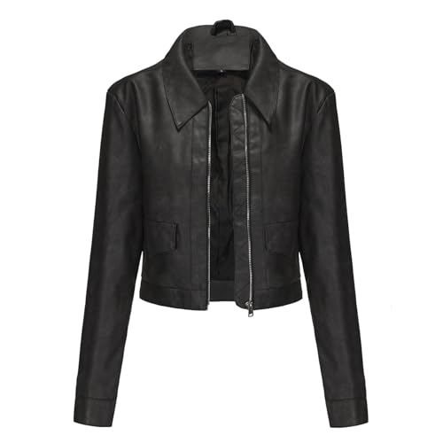Hiseng Kunstlederjacke, Lederjacke Damen, Jacke Damen Frühling Herbst Sommer, Schlanke Damen Jacke, Biker Jacke S-3XL Kurz Lederjacke mit Reißverschluss Tasche von Hiseng