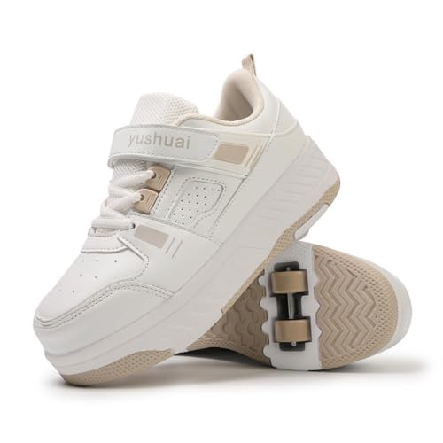 Hiseng Schuhe mit Rollen für Jungen Mädchen, Atmungsaktives Rollschuhe 2-in-1 Roller Schuhe Kinder Outdoor Turnschuhe Turnschuhe mit Versenkbarer Rollen (Khaki,38) von Hiseng