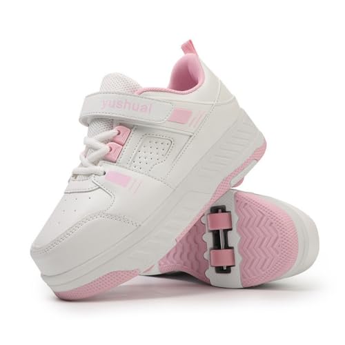 Hiseng Schuhe mit Rollen für Jungen Mädchen, Atmungsaktives Rollschuhe 2-in-1 Roller Schuhe Kinder Outdoor Turnschuhe Turnschuhe mit Versenkbarer Rollen (Rosa,40) von Hiseng