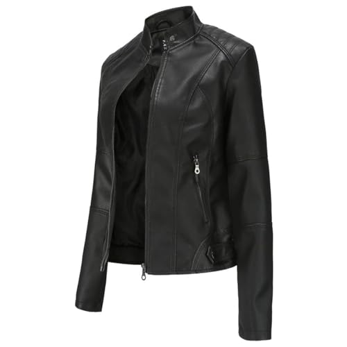 Hiser Kunstlederjacke Damen,Lederjacke Damen Schwarz,Herbst und Winter PU Kurze Casual Lederjacke Damen, Schmal Geschnittene Jacke mit Reißverschlusstaschen und Knöpfen-S von Hiser