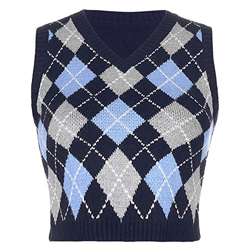 Hiser Damen Ärmellos V-Ausschnitt Pullunder Argyle Pattern Crop Top Retro Kurze Bauchfrei Top Strick Weste Teenager Mädchen Frauen Warm Top Lose Lässige Streetwear (Grau Blau,L) von Hiser