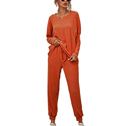 Hiser Damen Pyjama Set, Schlafanzüge Outfit Set Lange Ärmel Bluse + Hosen, Nachtwäsche Homewear, Weich Bequem und Schön Langarm Hausanzug (Orange,S) von Hiser