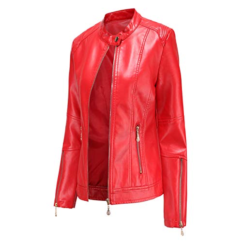 Hiser Kunstlederjacke Damen, Herbst und Winter Kurze Jacke Casual PU Lederjacke Bikerjacke mit Reißverschluss und Tasche (Rot,4XL) von Hiser