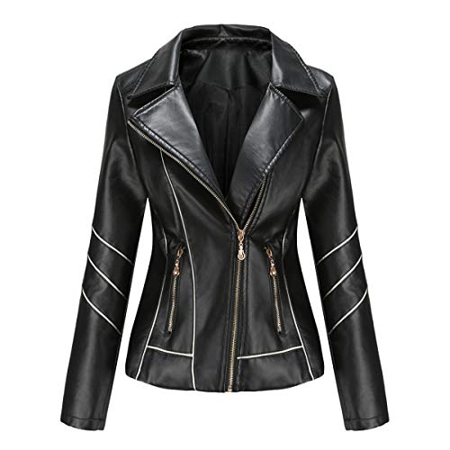 Hiser Kunstlederjacke Damen, Herbst und Winter Kurze Jacke Casual PU Lederjacke Bikerjacke mit Reißverschluss und Tasche (Schwarz,XXL) von Hiser