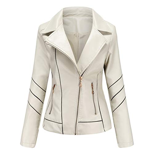 Hiser Kunstlederjacke Damen, Herbst und Winter Kurze Jacke Casual PU Lederjacke Bikerjacke mit Reißverschluss und Tasche (Weiß,L) von Hiser