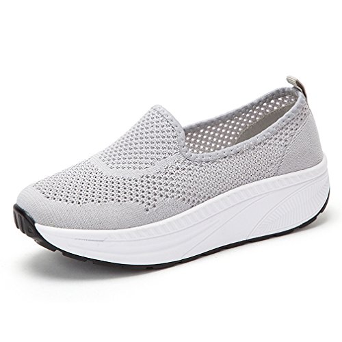 Hishoes Damen Atmungsaktiv Mesh Keilabsatz Laufschuhe Plateau Freizeitschuhe Shape-Up Fitness Laufen Sportschuhe-Grau1-39 EU von Hsyooes